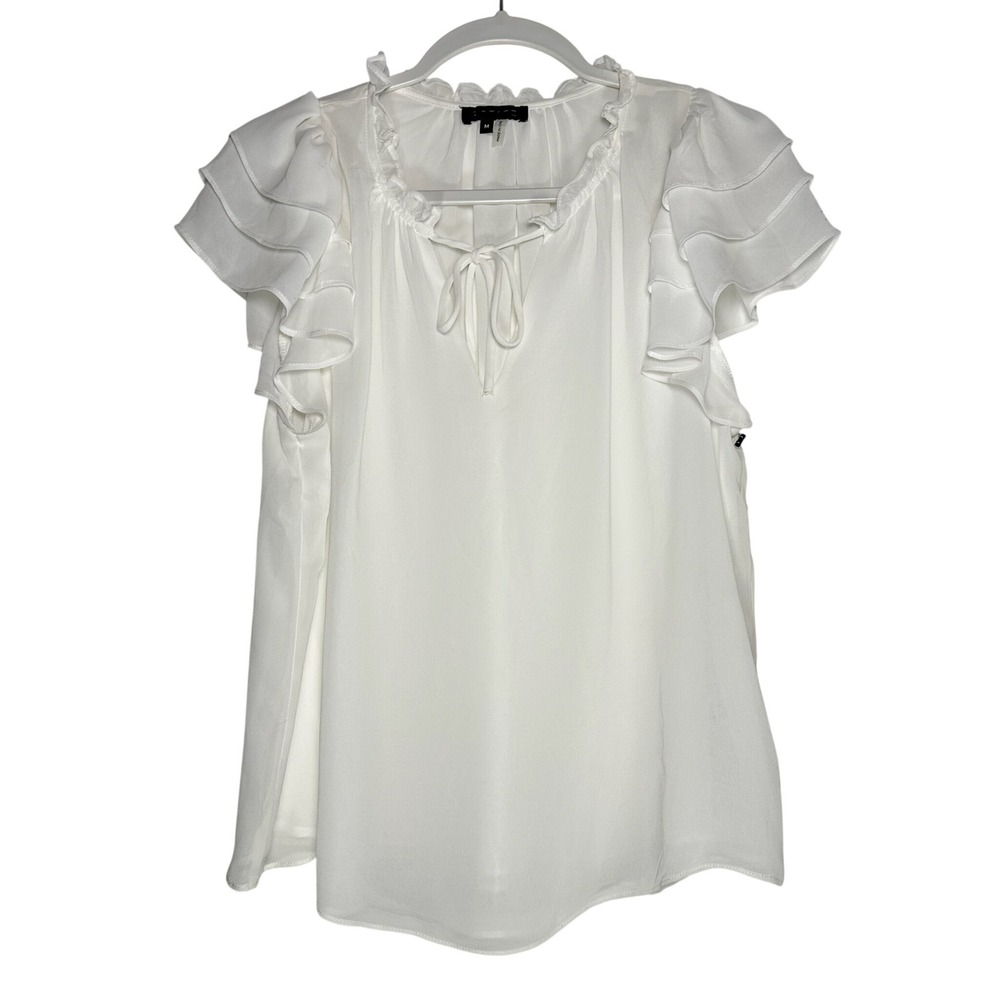 1.STATE Womens White Ruffle Tiered Sleeve Tie Front Split Neck Blouse Size M